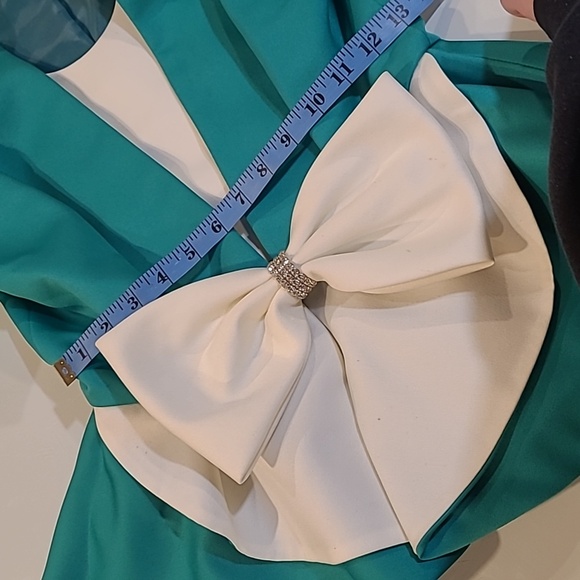 LIKE NEW VTG 80s Leslie Fay Satin Teal/White Puff Shoulder Large Bow Blazer - Picture 11 of 15